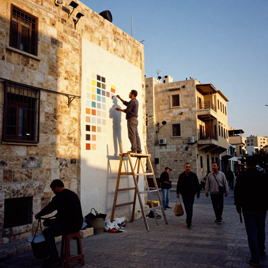 Busy Amman Street Scene at Golden Hour with Muralist Painting Swatches in in Amman, Jordan