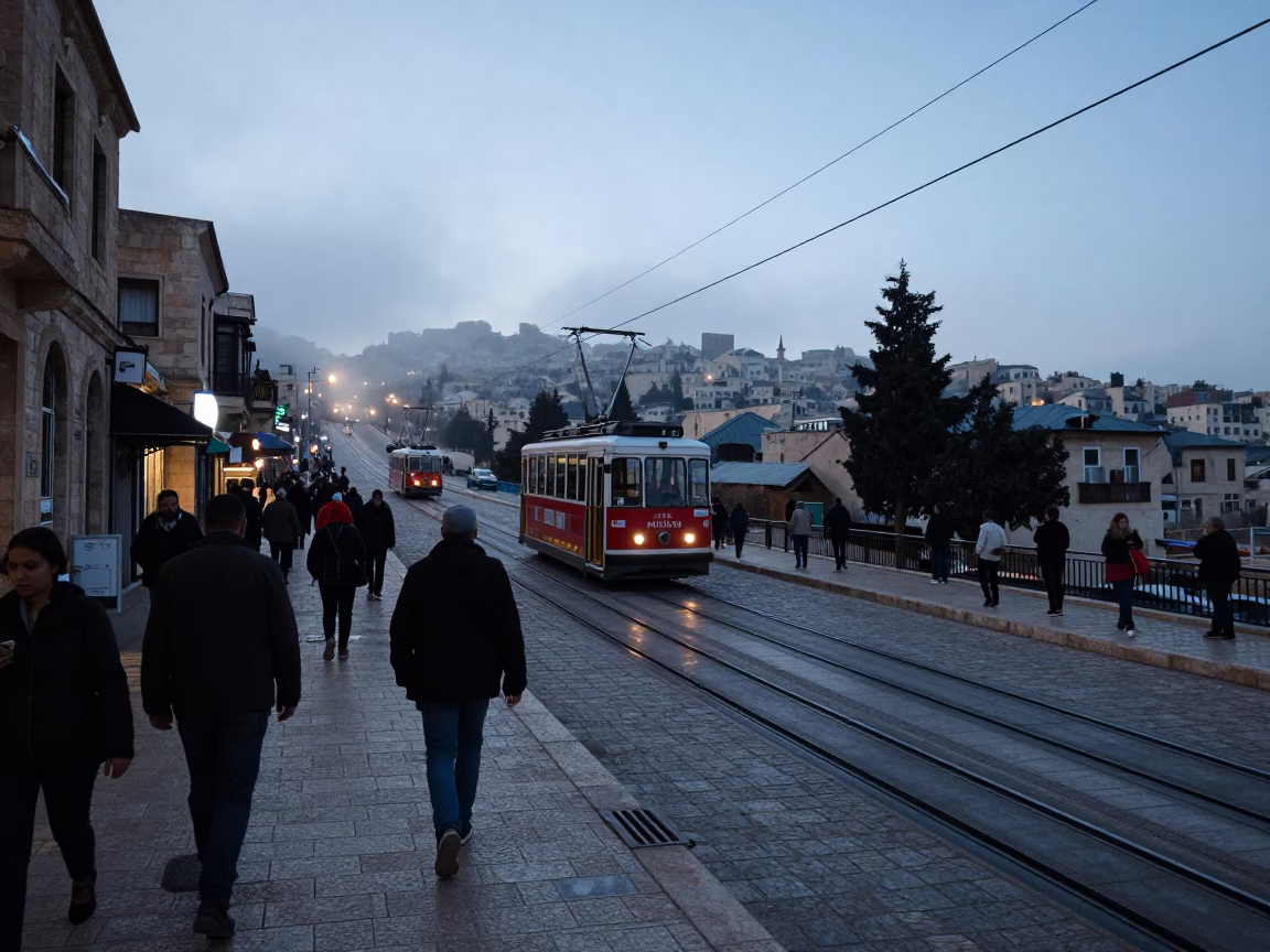 Busy Amman Street Scene at Nautical Dawn with Funicular and Postcards in in Amman, Jordan