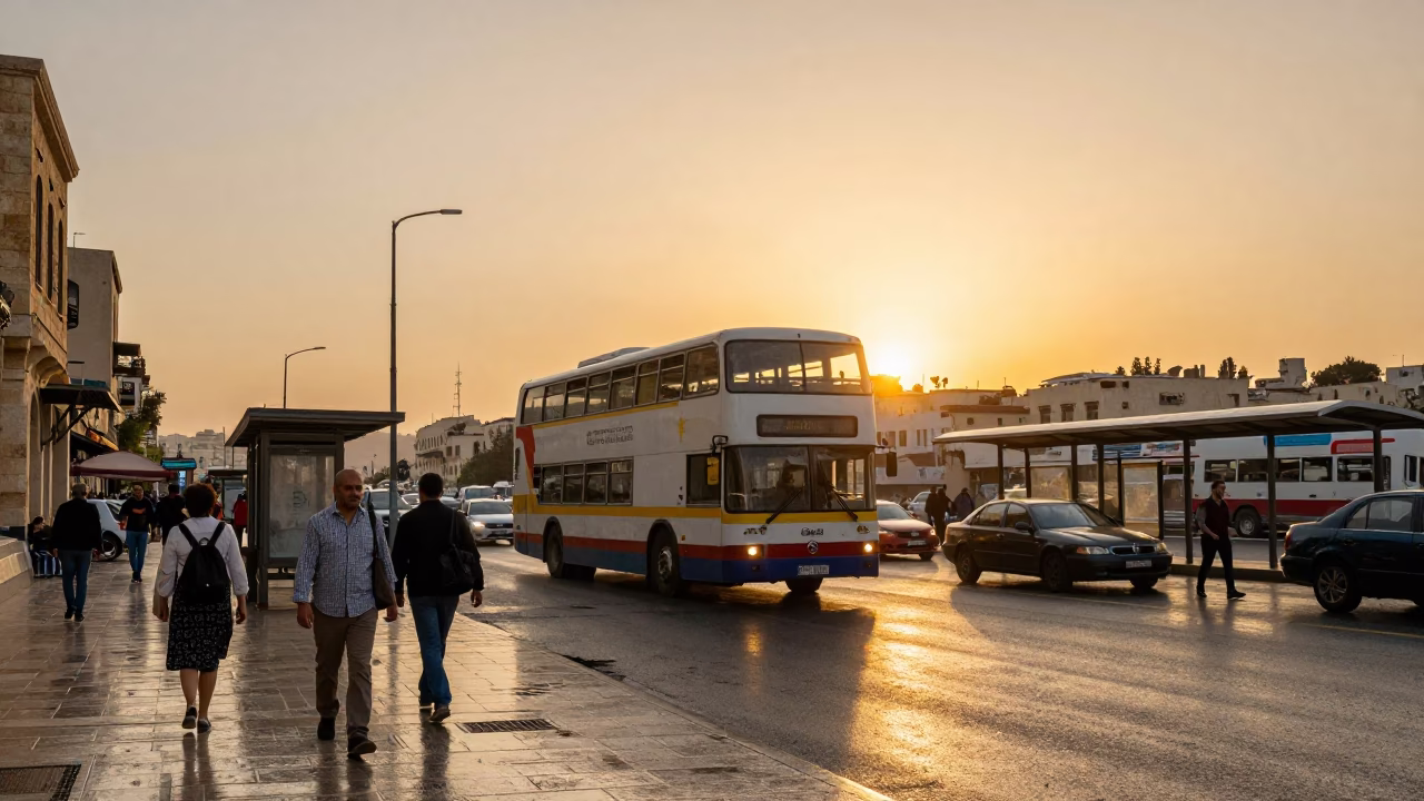 Busy Amman Street Scene at Sunset with Double Decker Bus and Local Interaction in in Amman, Jordan