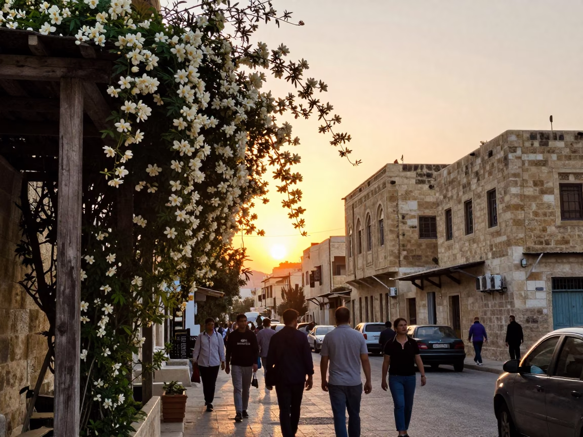 Busy Amman Street Scene at Sunset with Jasmine Trellis and Petals in in Amman, Jordan