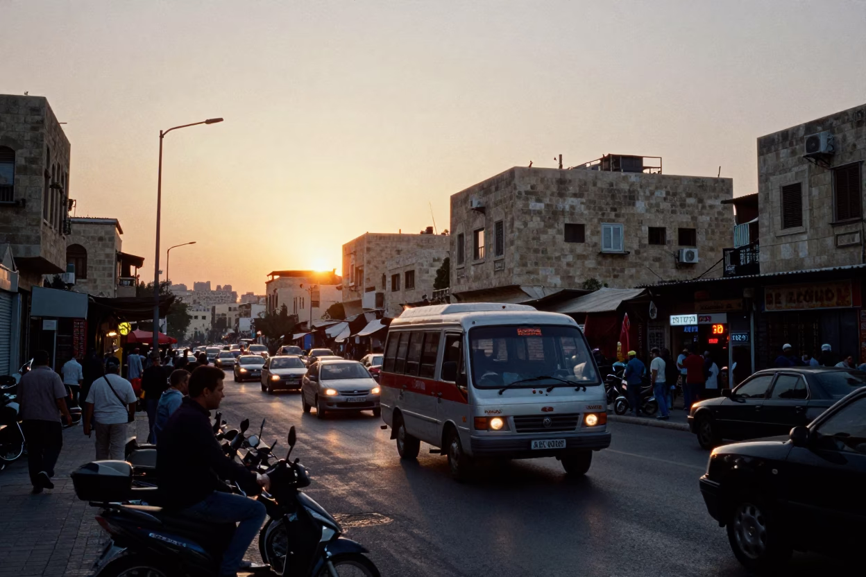 Busy Amman Street Scene at Sunset with Local Traffic and Chalkboard Menu in in Amman, Jordan