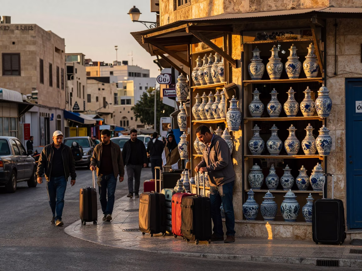 Busy Amman Street Scene at Sunset with Suitcases and Local Commerce in in Amman, Jordan