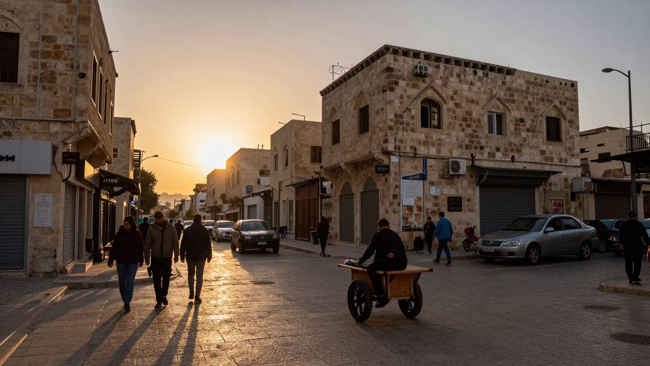 Busy Amman Street Scene at Sunset with Tea Stains and Local Interaction in in Amman, Jordan
