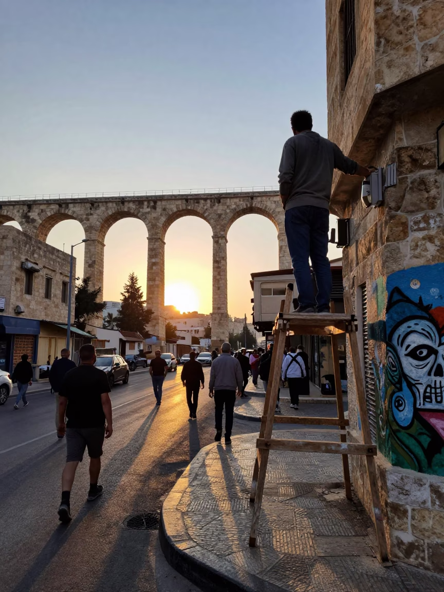 Busy Amman Street Scene Early Evening with Railway Viaduct and Muralist Painting in in Amman, Jordan