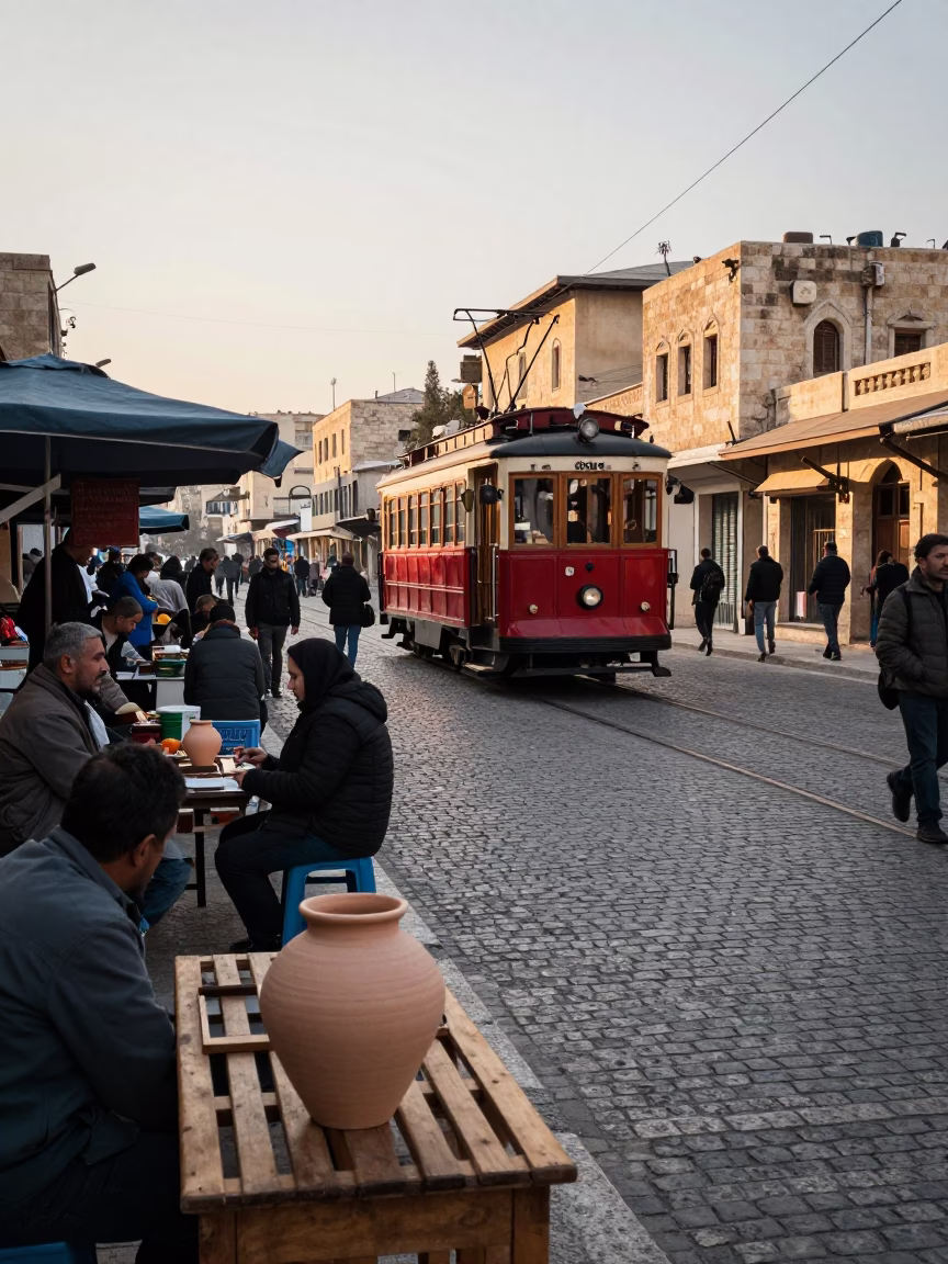 Busy Amman Street Scene Early Morning with Heritage Tram and Local Vendors in in Amman, Jordan