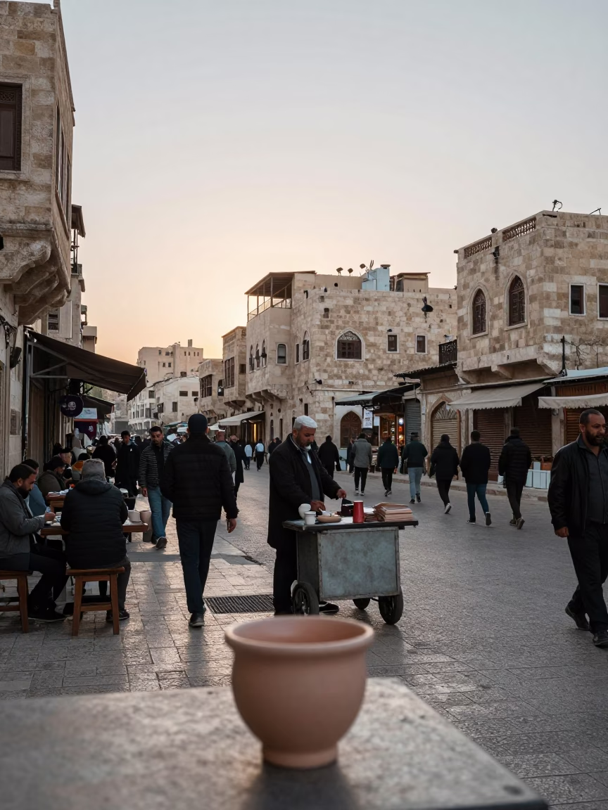 Busy Amman Street Scene Just After Sunrise with Ceramic Cup and Local Market Activity in in Amman, Jordan