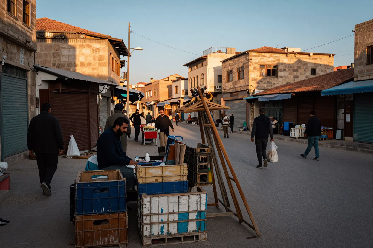 Busy Amman Street Scene Just After Sunrise with Painted Crate and Wooden Hanger in in Amman, Jordan