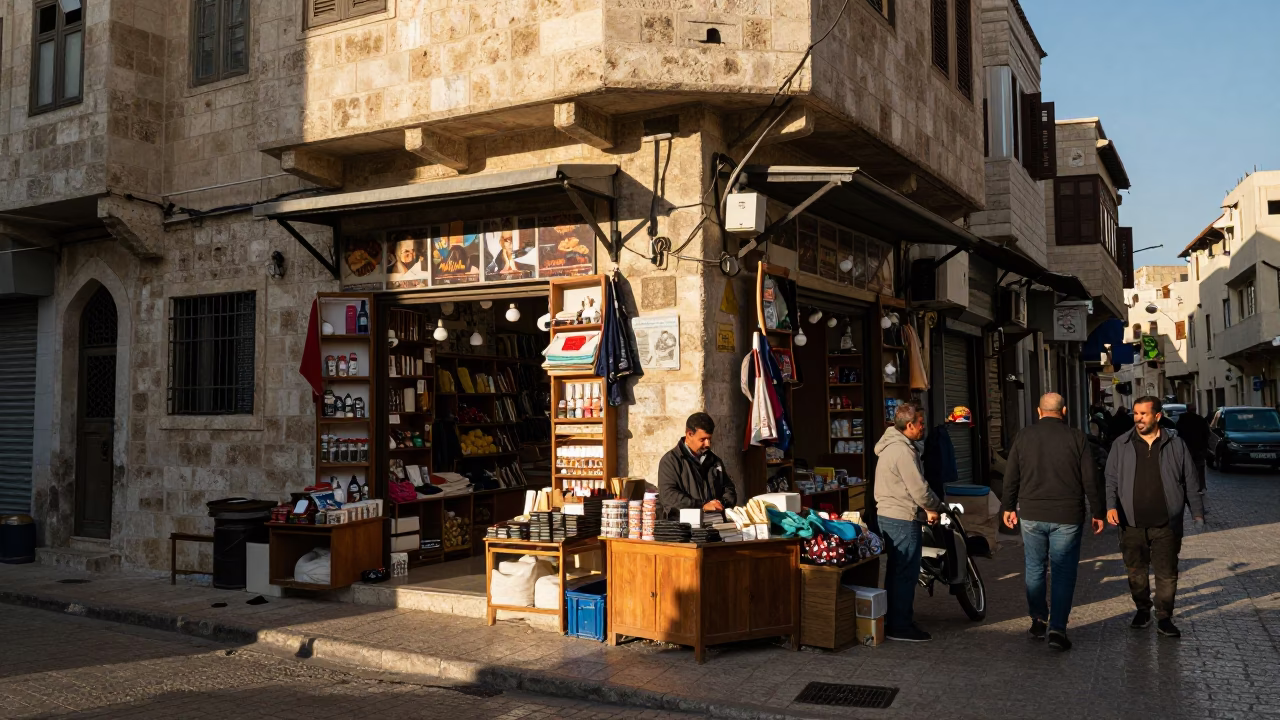 Busy Amman Street Scene Late Afternoon with Local Shopkeeper and Stone Architecture in in Amman, Jordan