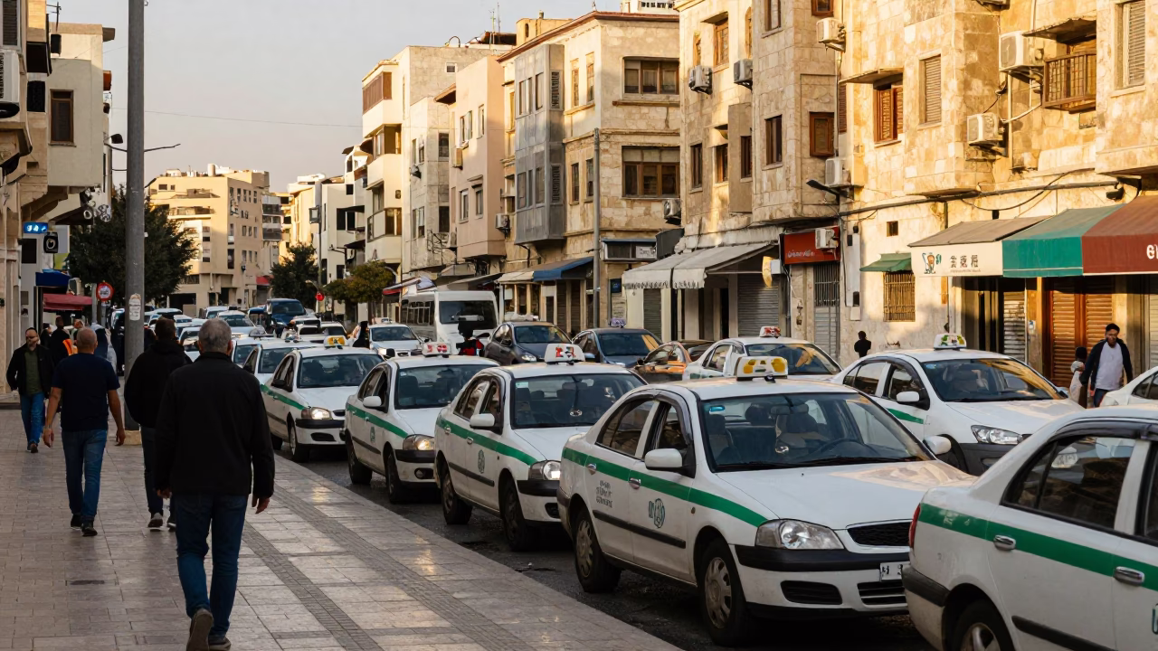 Busy Amman Street Scene Late Afternoon with Taxi Rank and Local Life in in Amman, Jordan