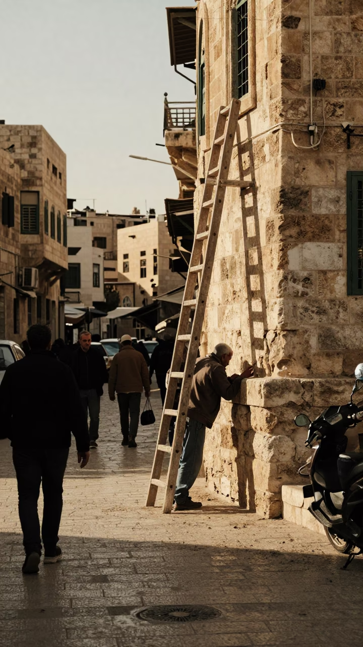 Busy Amman Street Scene Late Afternoon with Wooden Ladder and Brushed Steel Bracket in in Amman, Jordan