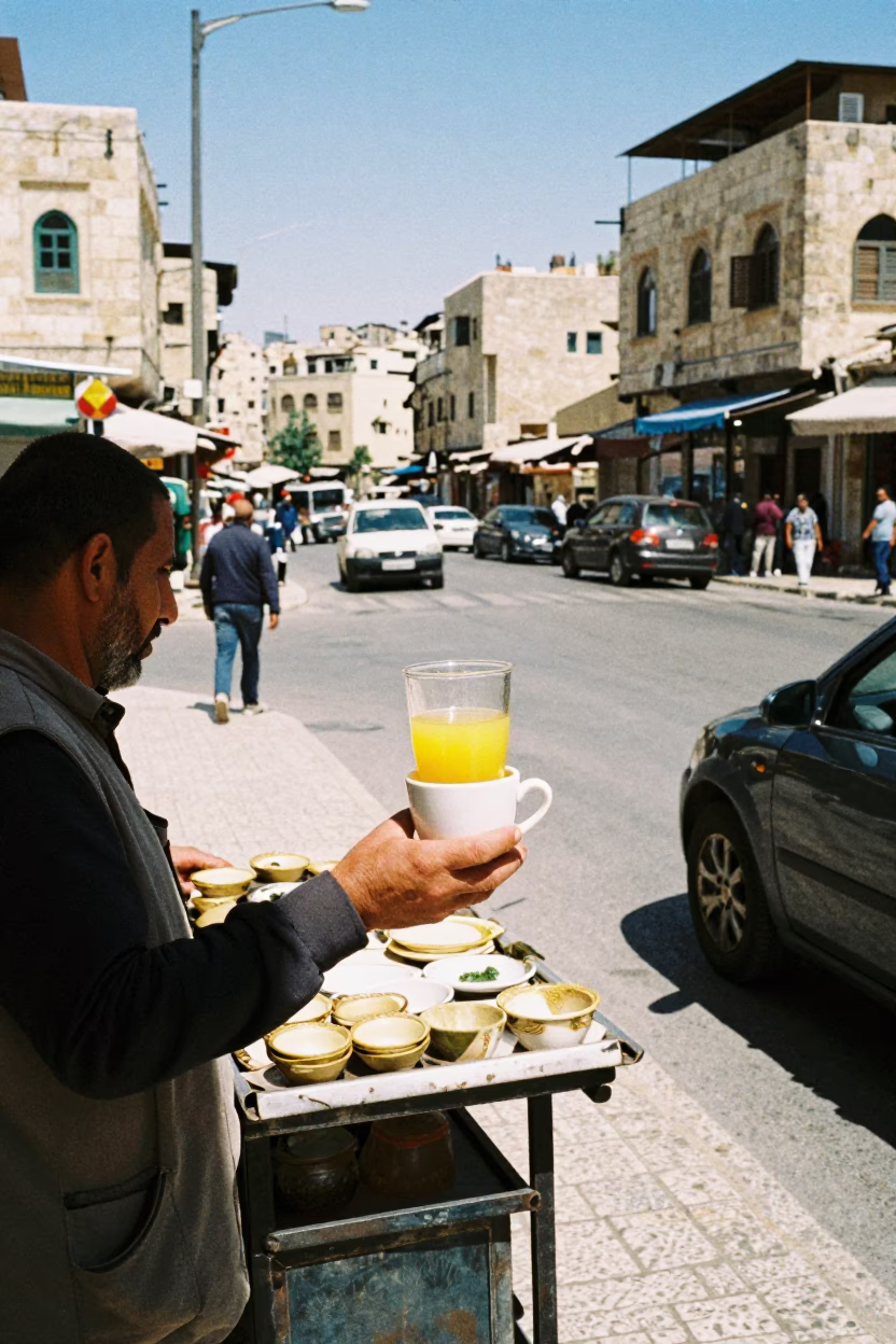 Busy Amman Street Scene with Ceramic Cup and Vintage Car Rally in Midday Sun in in Amman, Jordan