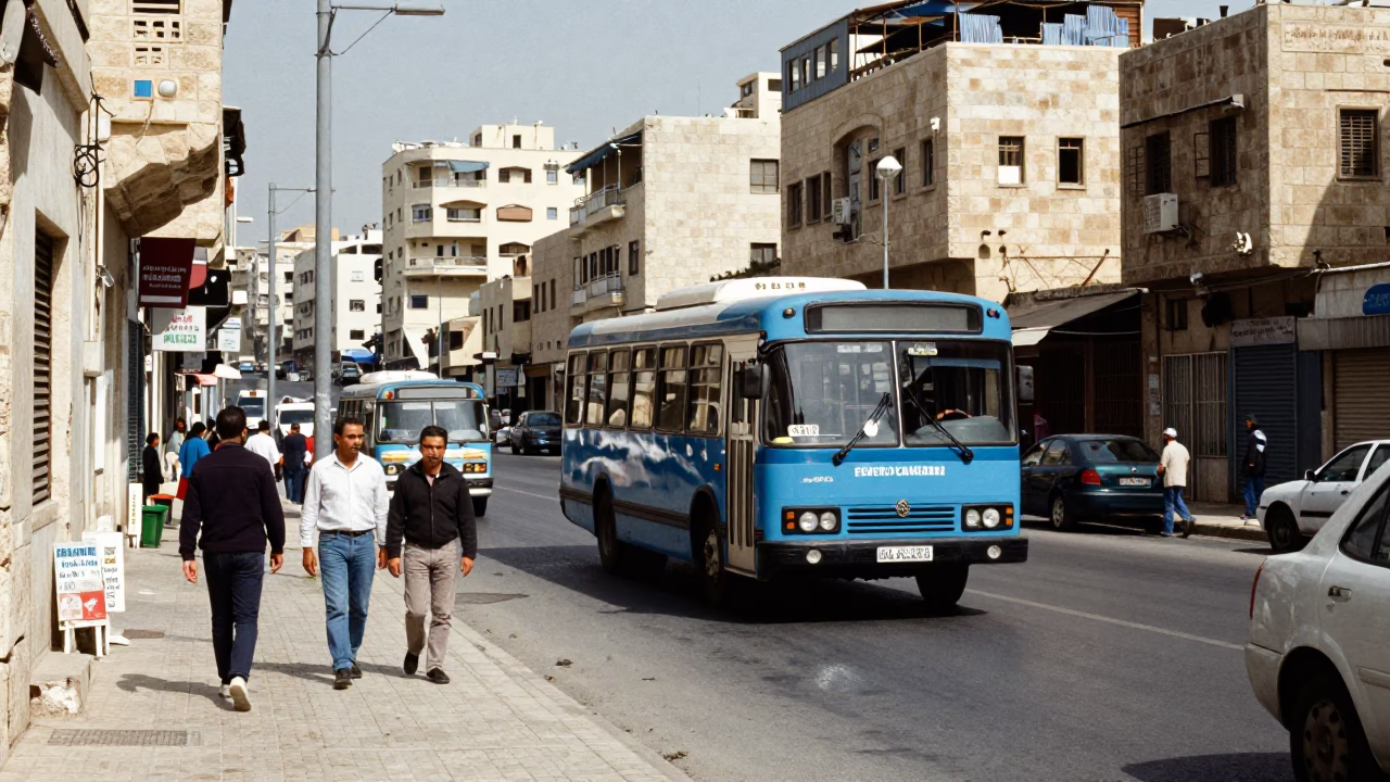 Busy Amman Street Scene with Classic Bus and Local Life in Bright Midmorning Light in in Amman, Jordan