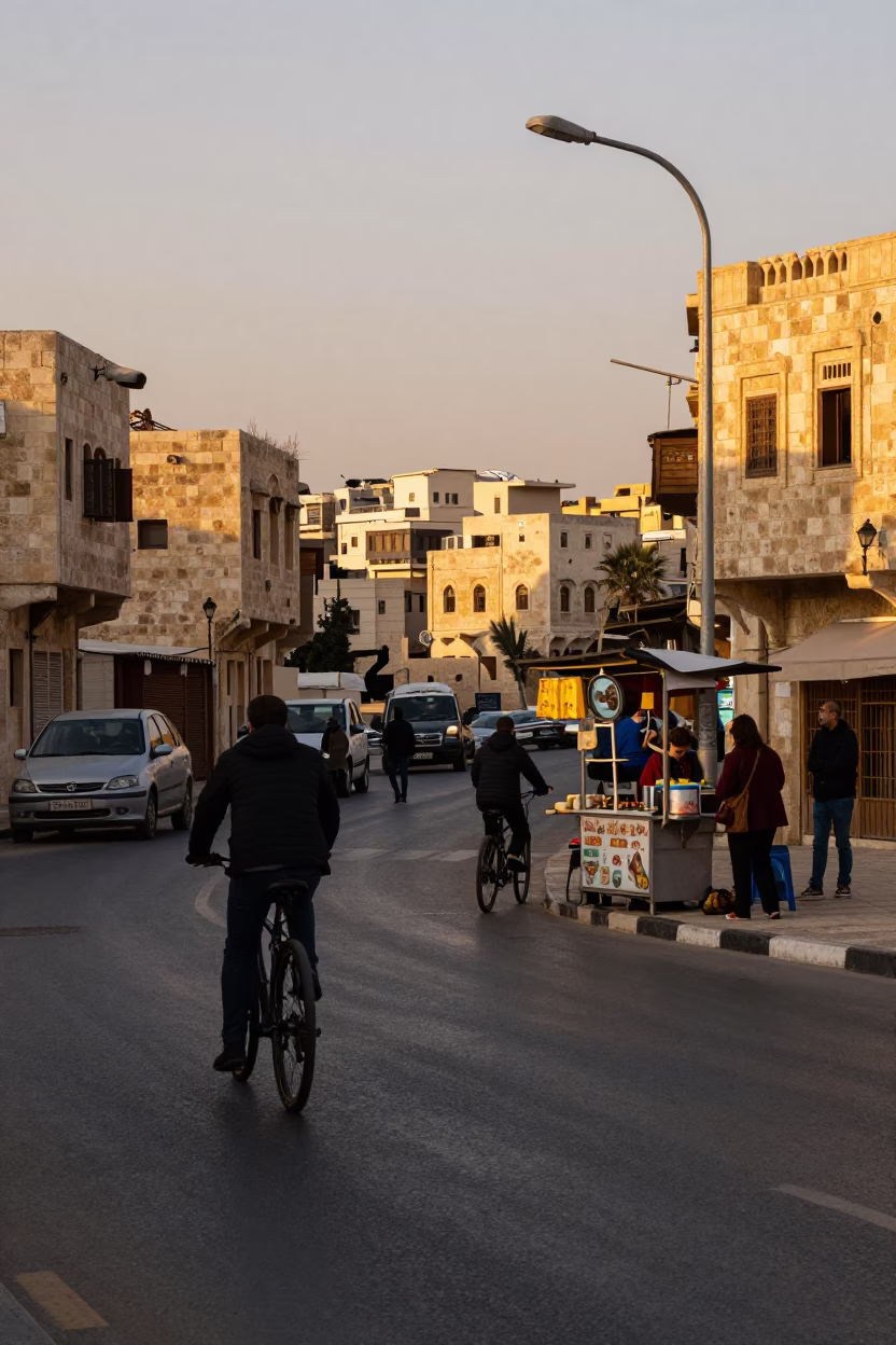 Busy Amman Street Scene with Cyclist and Ladle in Golden Hour Light in in Amman, Jordan