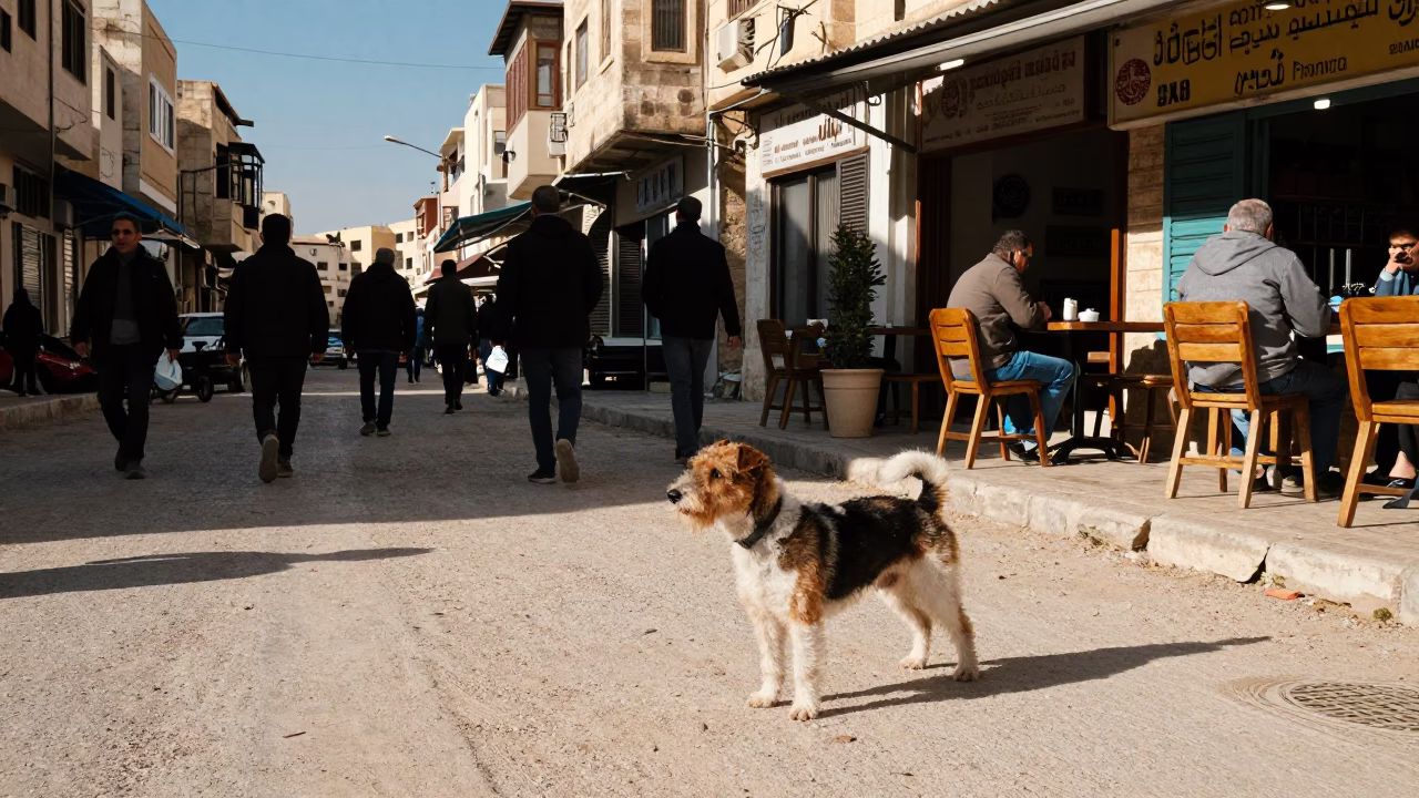 Busy Amman Street Scene with Jagdterrier and Local Cafe Window in Early Afternoon in in Amman, Jordan
