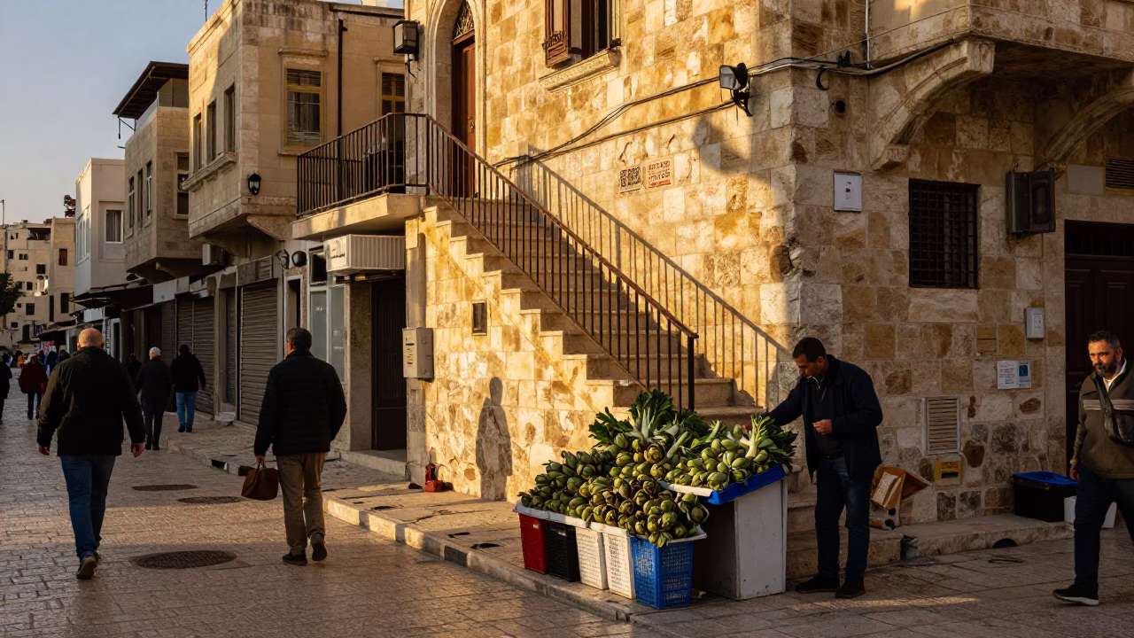 Busy Amman Street Scene with Stair Rail and Artichokes at Golden Hour in in Amman, Jordan