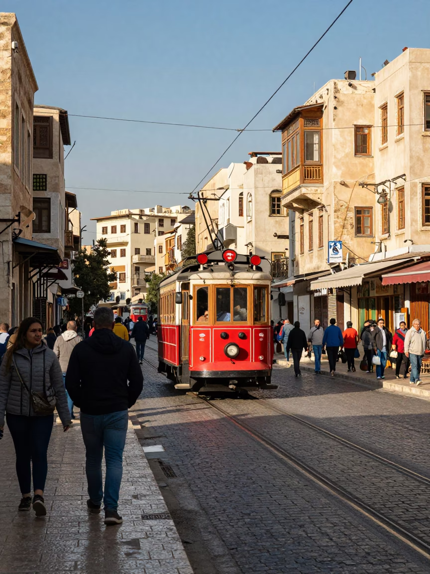 Busy Amman Street Scene with Vintage Tram and Local Life in Late Afternoon Light in in Amman, Jordan