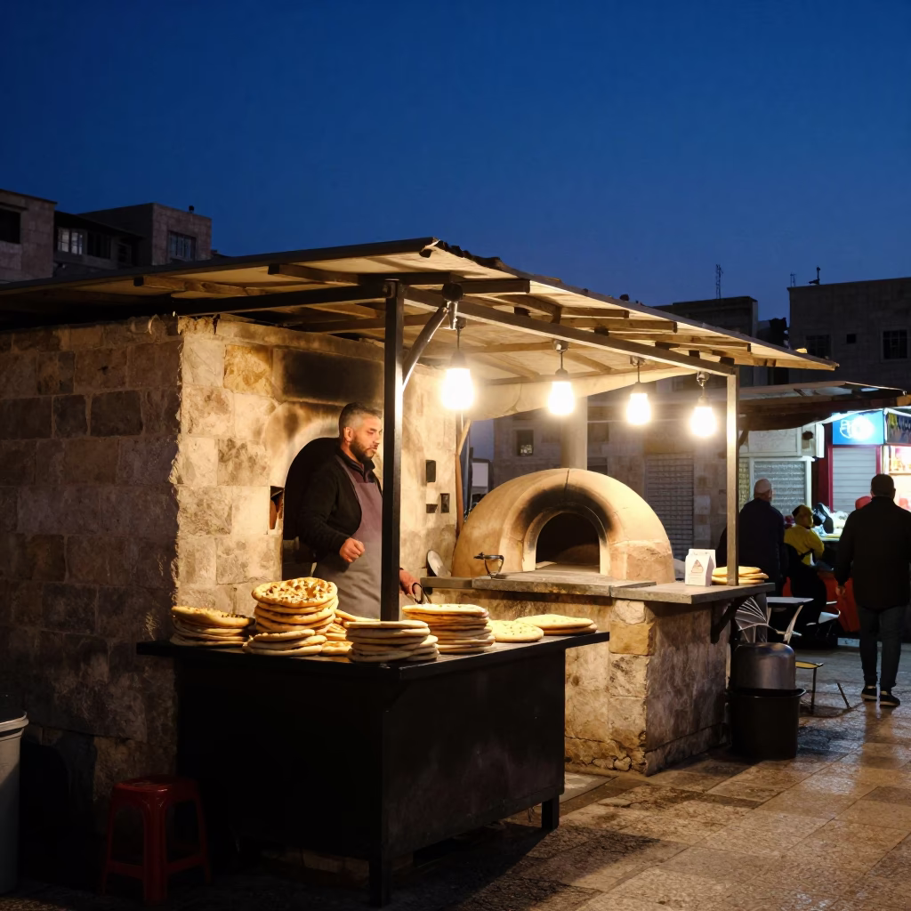 Busy Amman Street Stall Selling Fresh Tandoori Naan in Indigo Twilight After Sunset in in Amman, Jordan