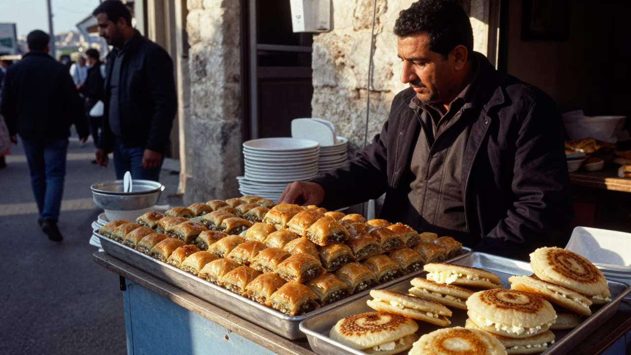 Busy Amman Street Vendor at Nautical Dawn Selling Syrupy Baklava Near Historic Stone Buildings in in Amman, Jordan
