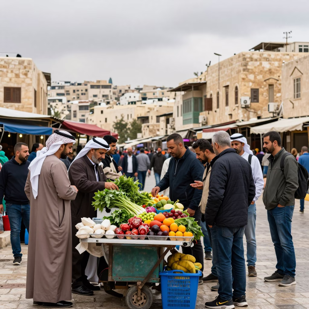 Busy Amman Street Vendor Stall Under Gray Sky With Local Customers in in Amman, Jordan