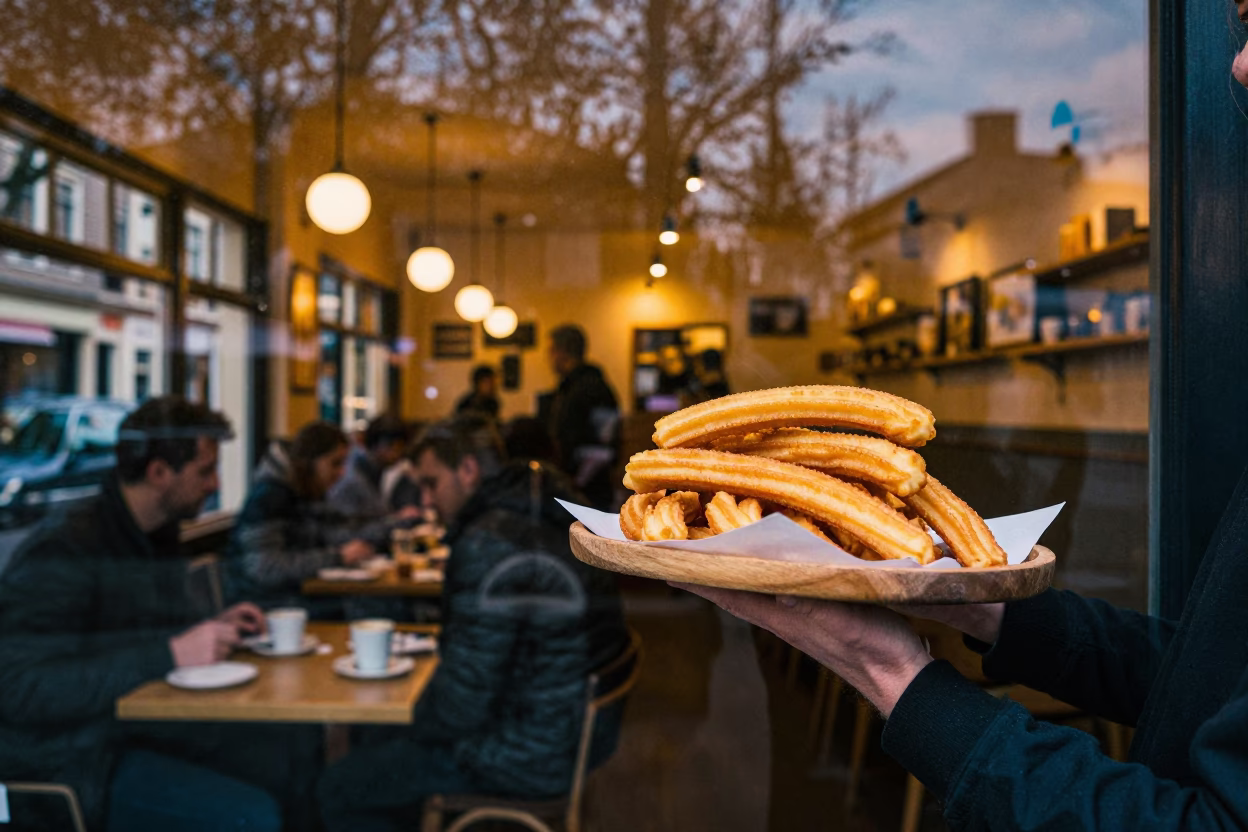 Busy Amsterdam Breakfast Cafe Interior Before Dawn With Churros And Chocolate in in Amsterdam, Netherlands