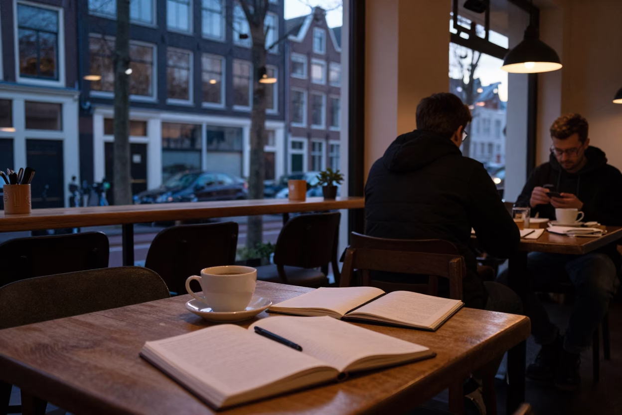 Busy Amsterdam Breakfast Cafe Interior Before Sunrise with Notebook and Brass Details in in Amsterdam, Netherlands