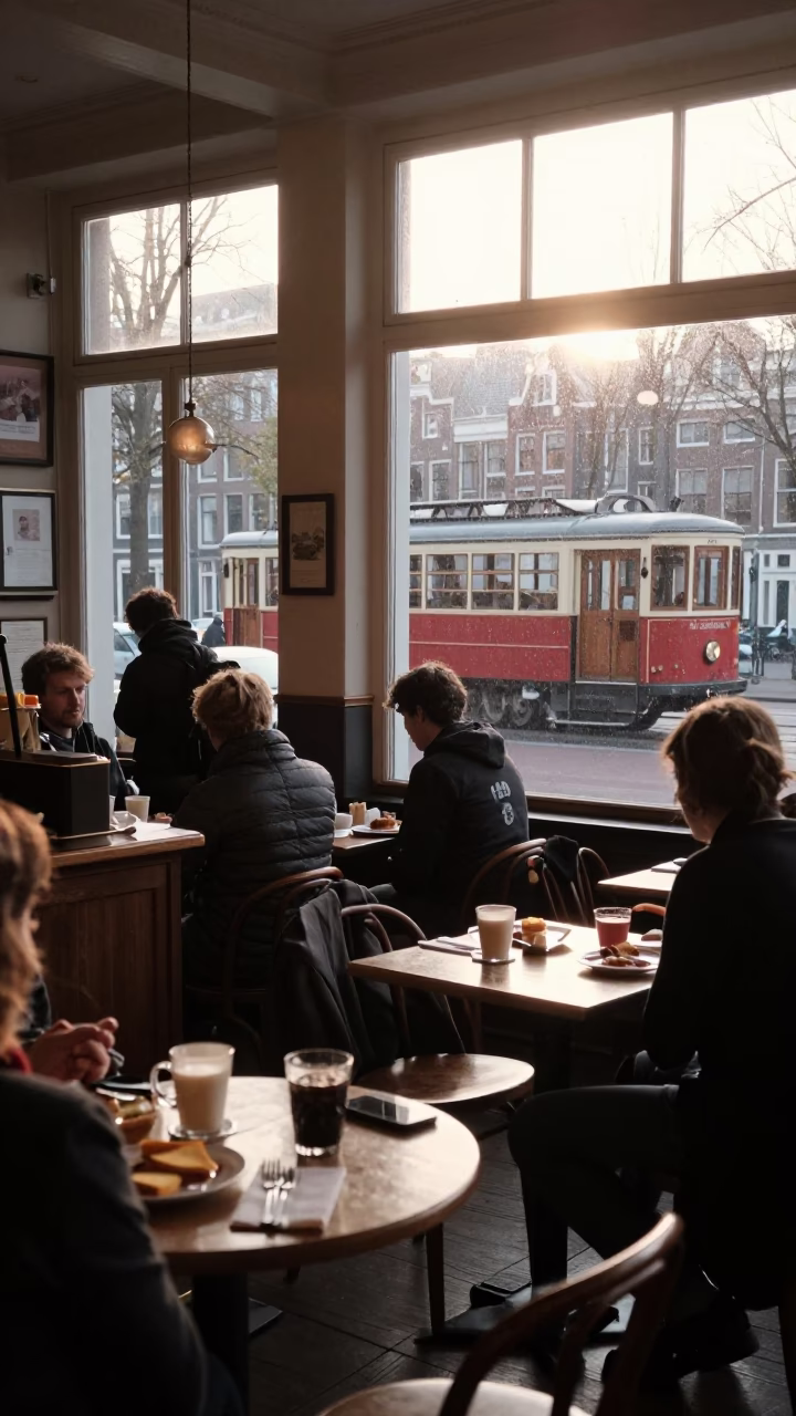 Busy Amsterdam Breakfast Cafe Interior with Heritage Tram and Rain-Swept Window View in in Amsterdam, Netherlands