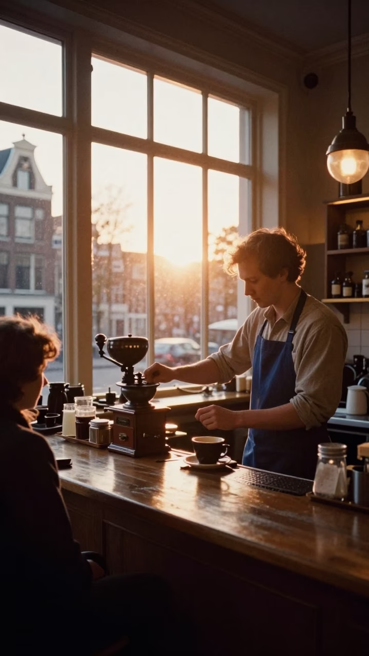 Busy Amsterdam Cafe Counter at Sunset with Vintage Coffee Grinder and Aprons in in Amsterdam, Netherlands