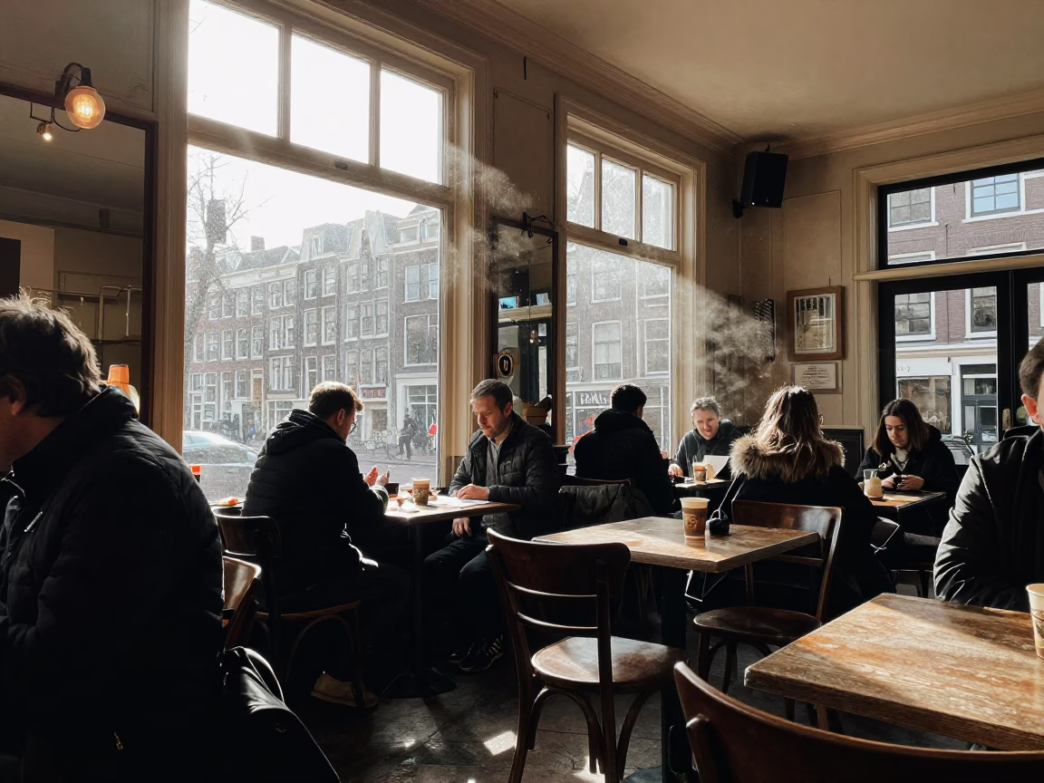 Busy Amsterdam Cafe Interior with Condensation and Local Details Late Morning in in Amsterdam, Netherlands