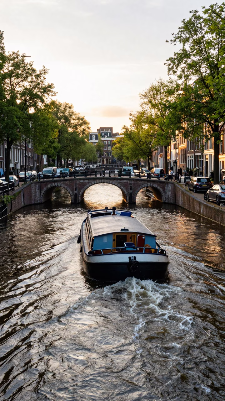 Busy Amsterdam Canal Bend at Golden Hour with Barge and Stone Bridge Piers in in Amsterdam, Netherlands
