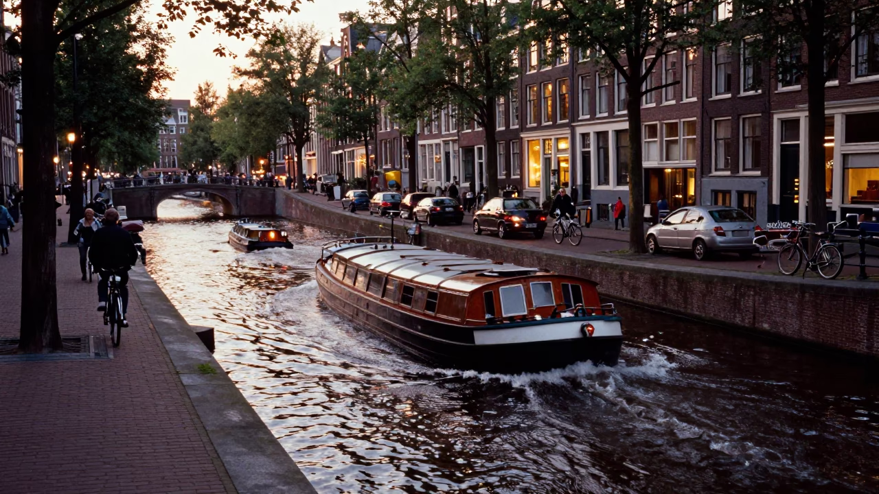 Busy Amsterdam Canal Evening with Bicycle Traffic and Barge Navigation in in Amsterdam, Netherlands