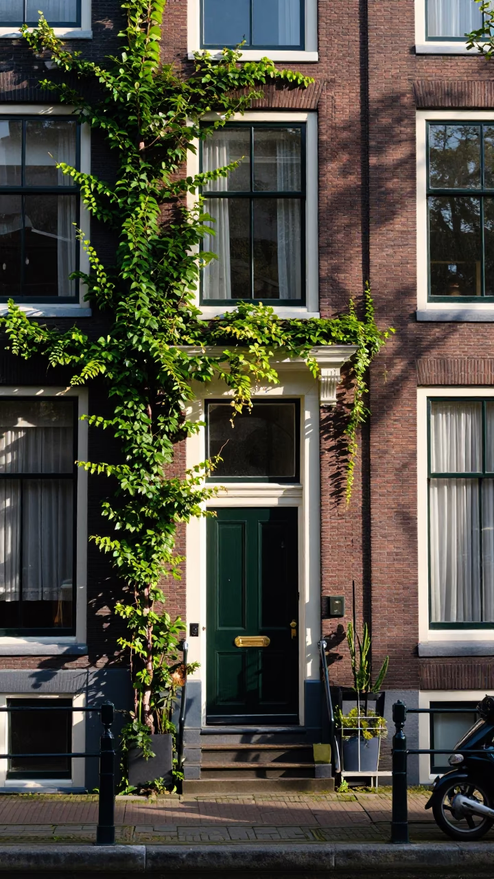 Busy Amsterdam canal house entrance with ivy and local daily life in in Amsterdam, Netherlands