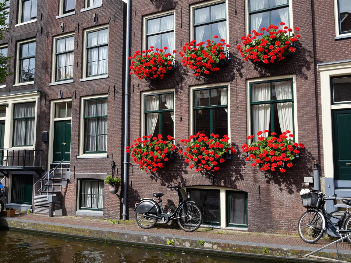 Busy Amsterdam Canal House Exterior with Geraniums and Vintage Bicycles at Midday in in Amsterdam, Netherlands