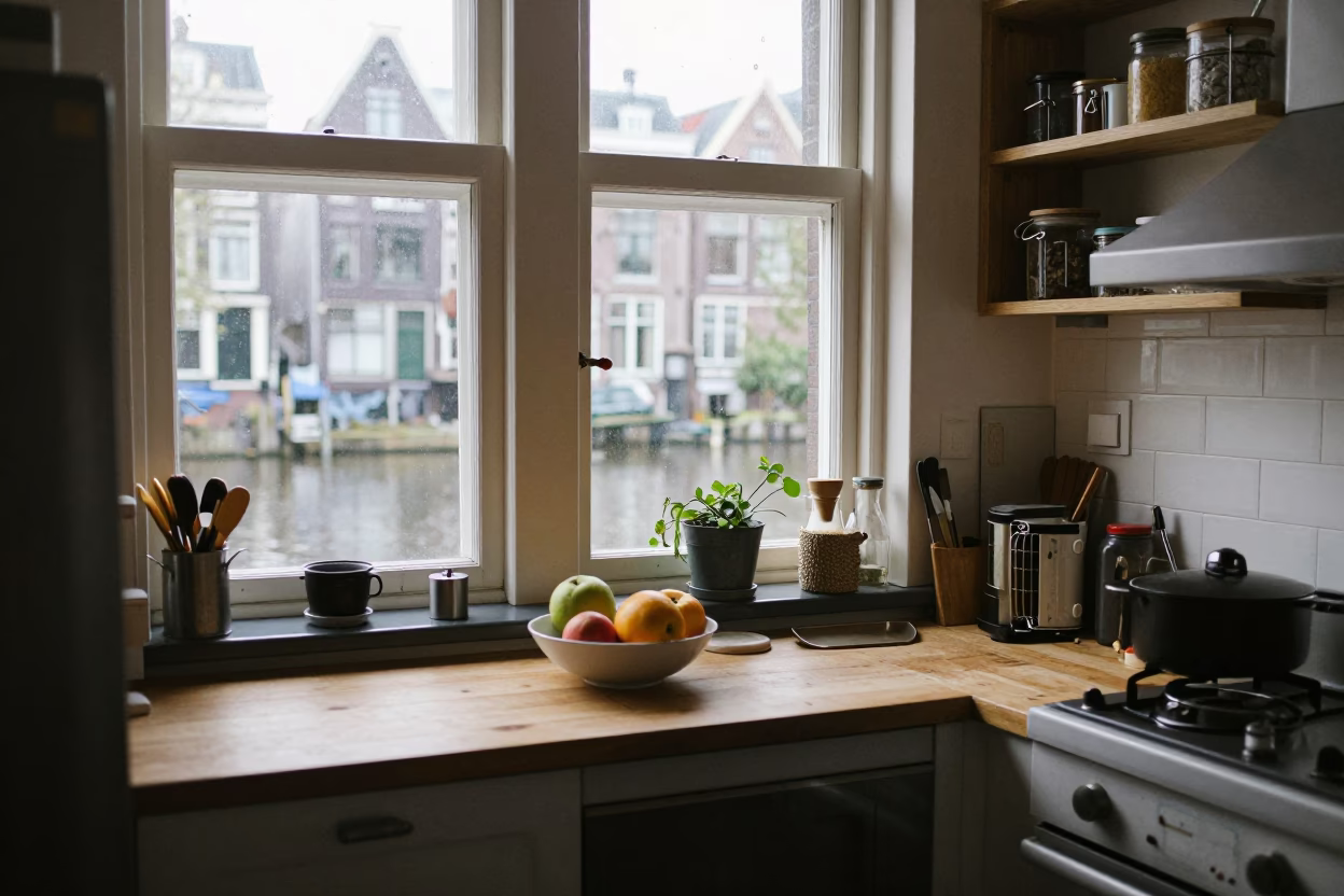 Busy Amsterdam Canal House Kitchen Morning with Fruit Bowl and Pitcher in in Amsterdam, Netherlands