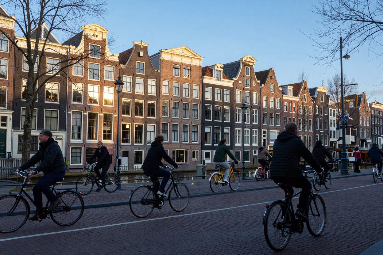 Busy Amsterdam Canal House Street Scene in Clear Late Afternoon Light in in Amsterdam, Netherlands