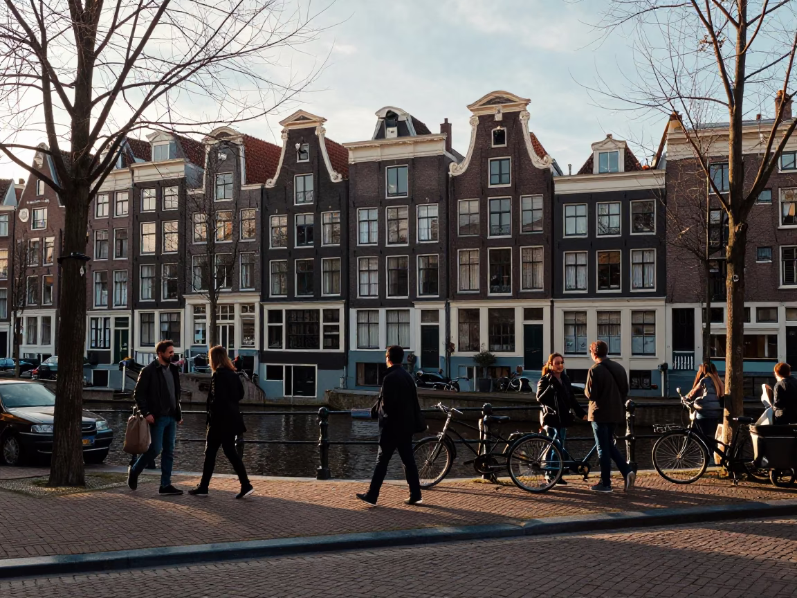 Busy Amsterdam Canal House Street Scene Late Afternoon 1990s in in Amsterdam, Netherlands