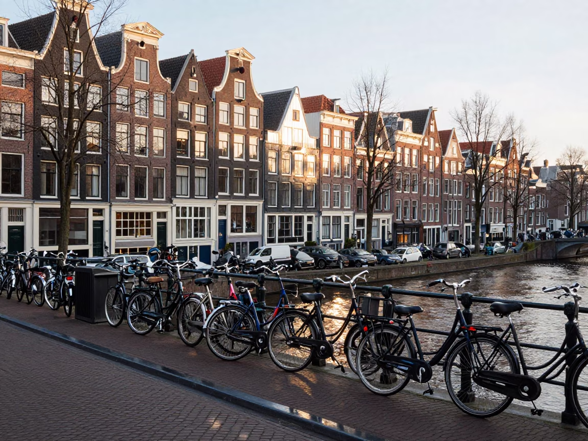 Busy Amsterdam Canal House Street Scene with Bicycle Parking and Morning Light in in Amsterdam, Netherlands