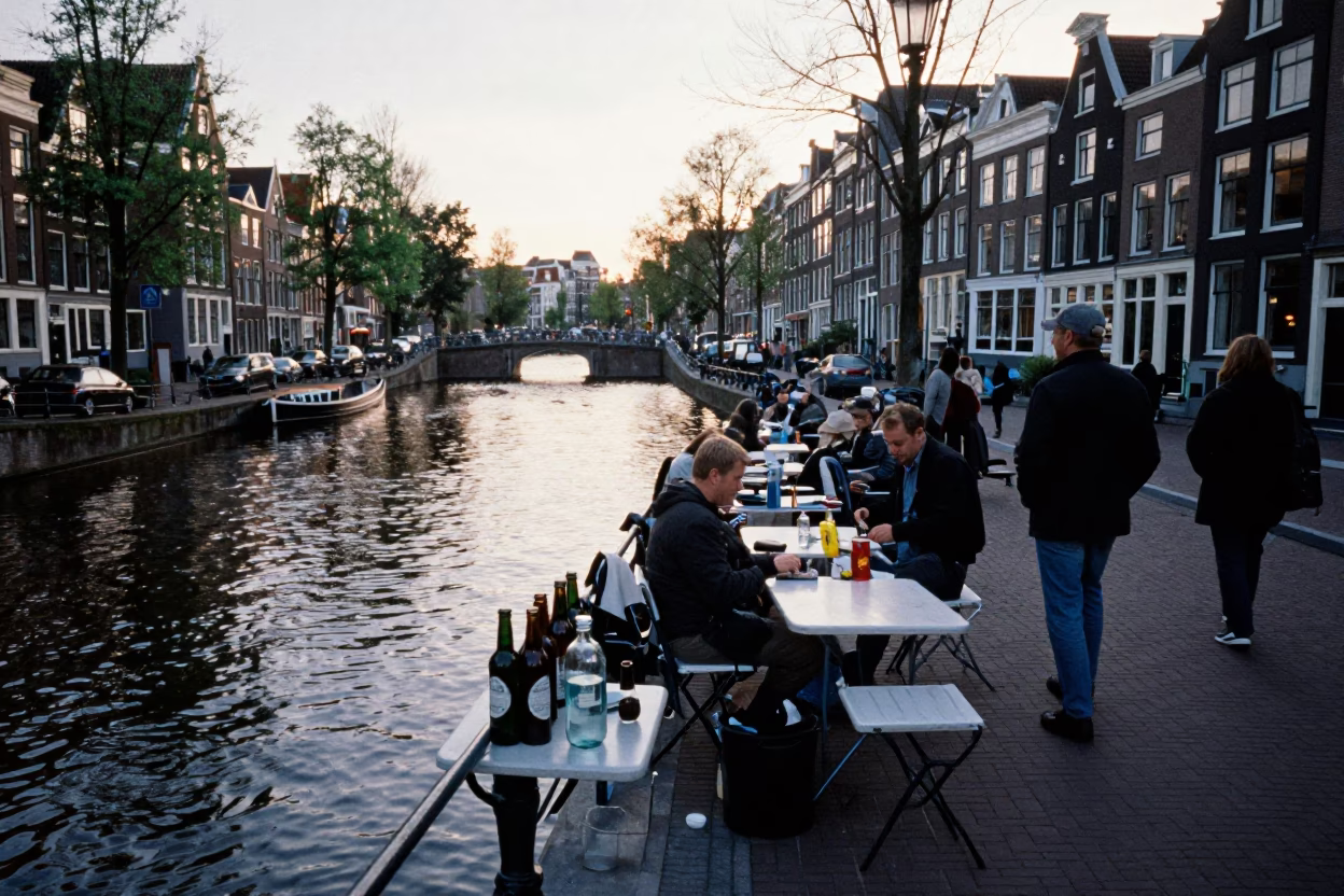Busy Amsterdam Canal Scene Before Sunrise with Glass Bottles and Folding Tables in in Amsterdam, Netherlands