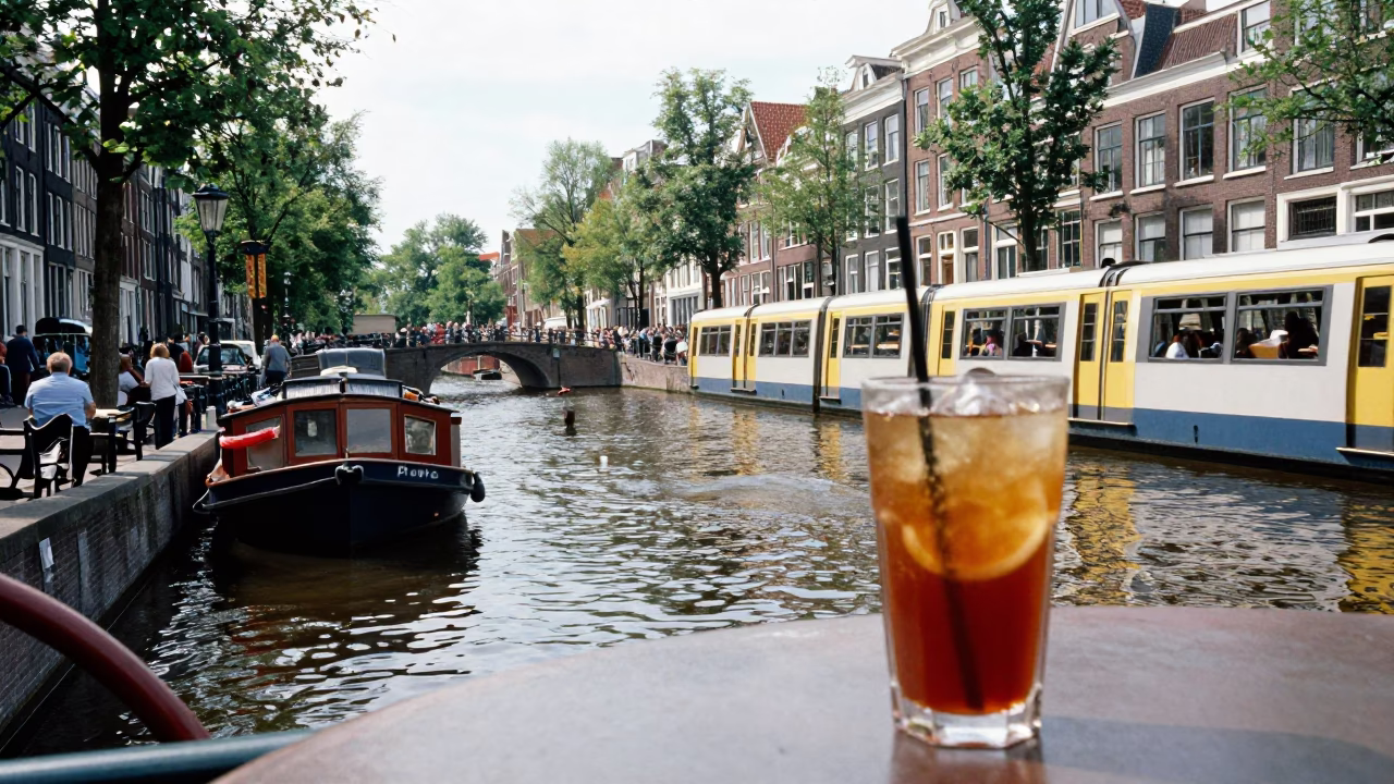 Busy Amsterdam Canal Scene with Houseboats and Metro Train at Noon in in Amsterdam, Netherlands