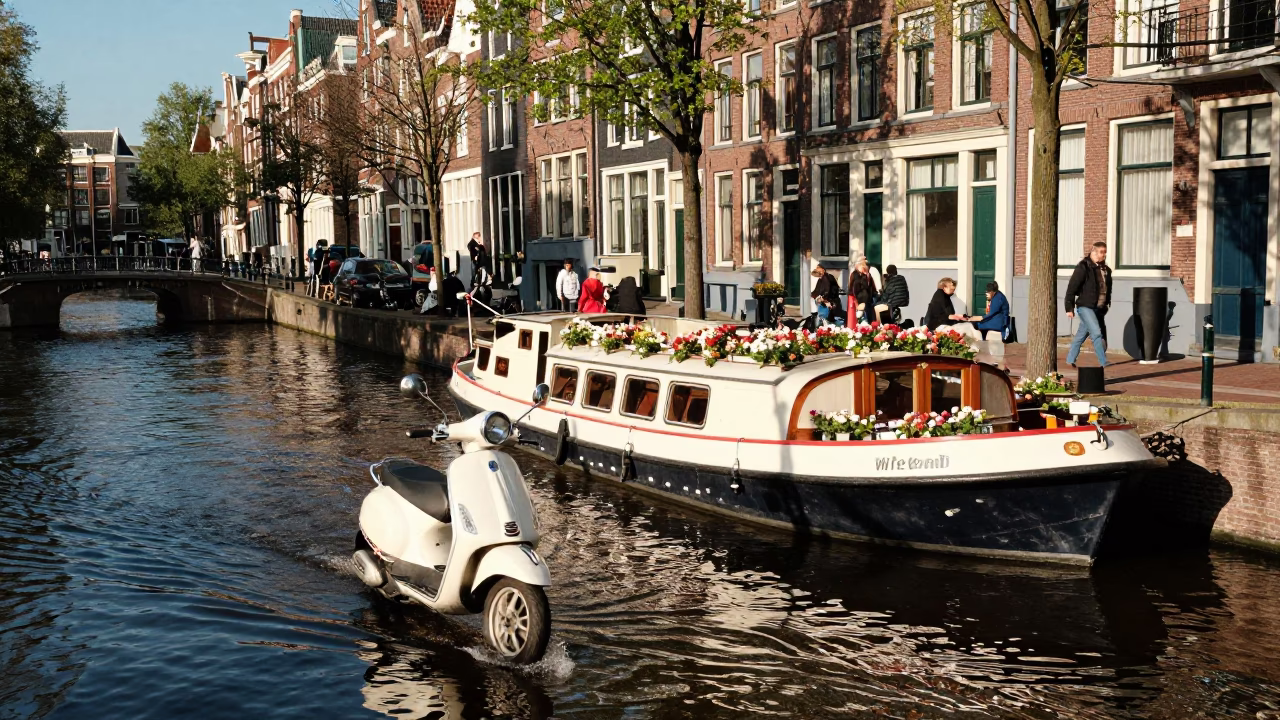 Busy Amsterdam Canal Scene with Scooter and Houseboat in Late Afternoon Light in in Amsterdam, Netherlands