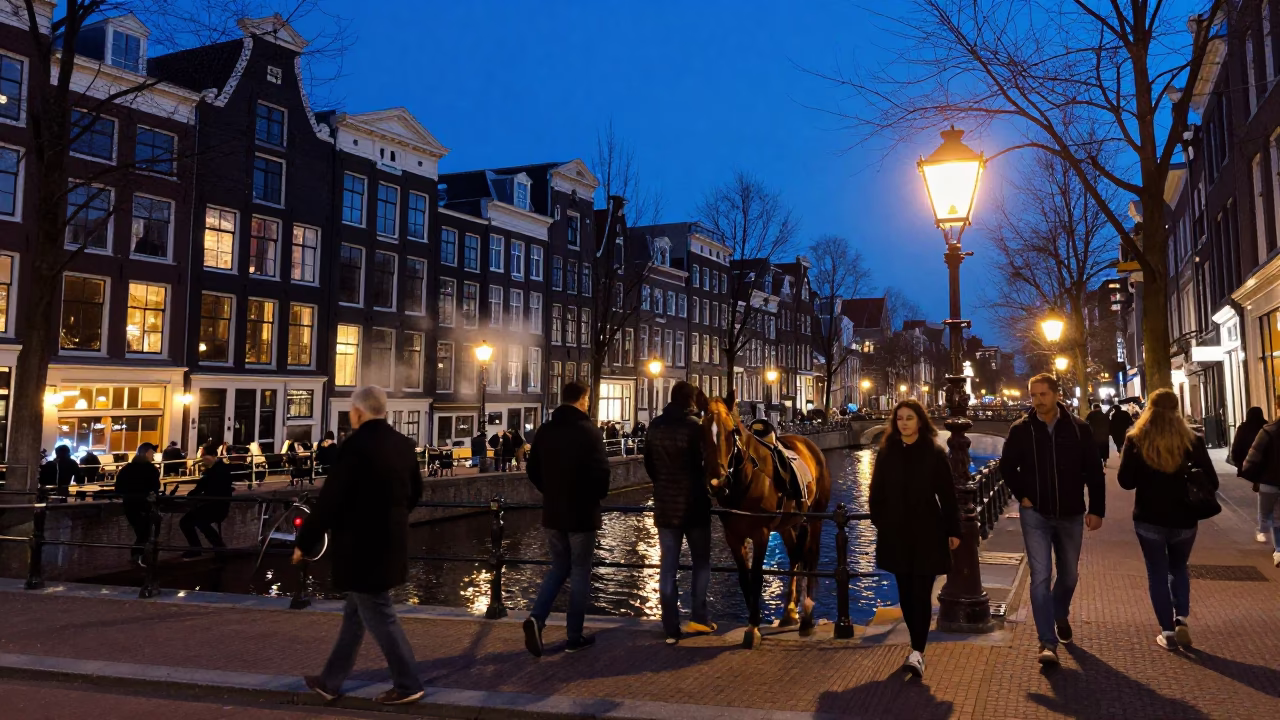 Busy Amsterdam Canal Street at Indigo Twilight with Horse Drawn Cart and Cobblestones in in Amsterdam, Netherlands