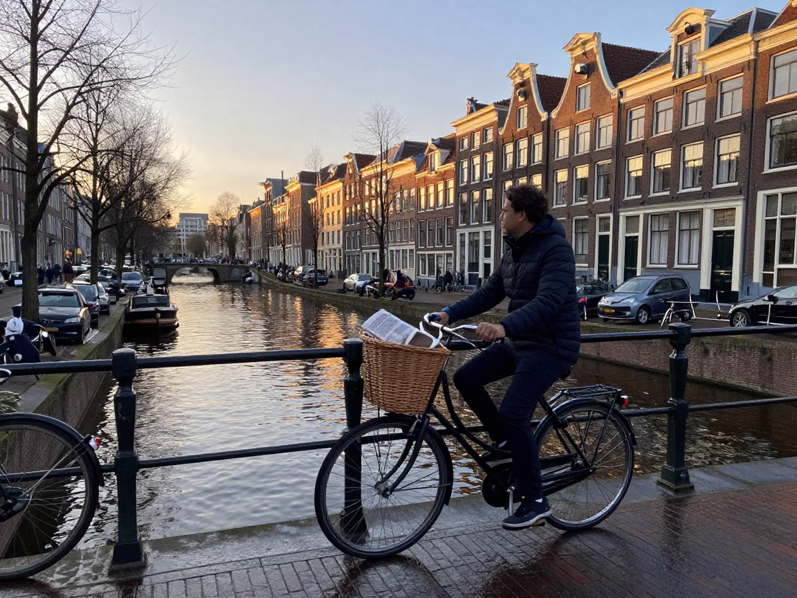 Busy Amsterdam Canal Street at Nautical Dawn with Bicycle Basket and Traditional Dutch Architecture in in Amsterdam, Netherlands