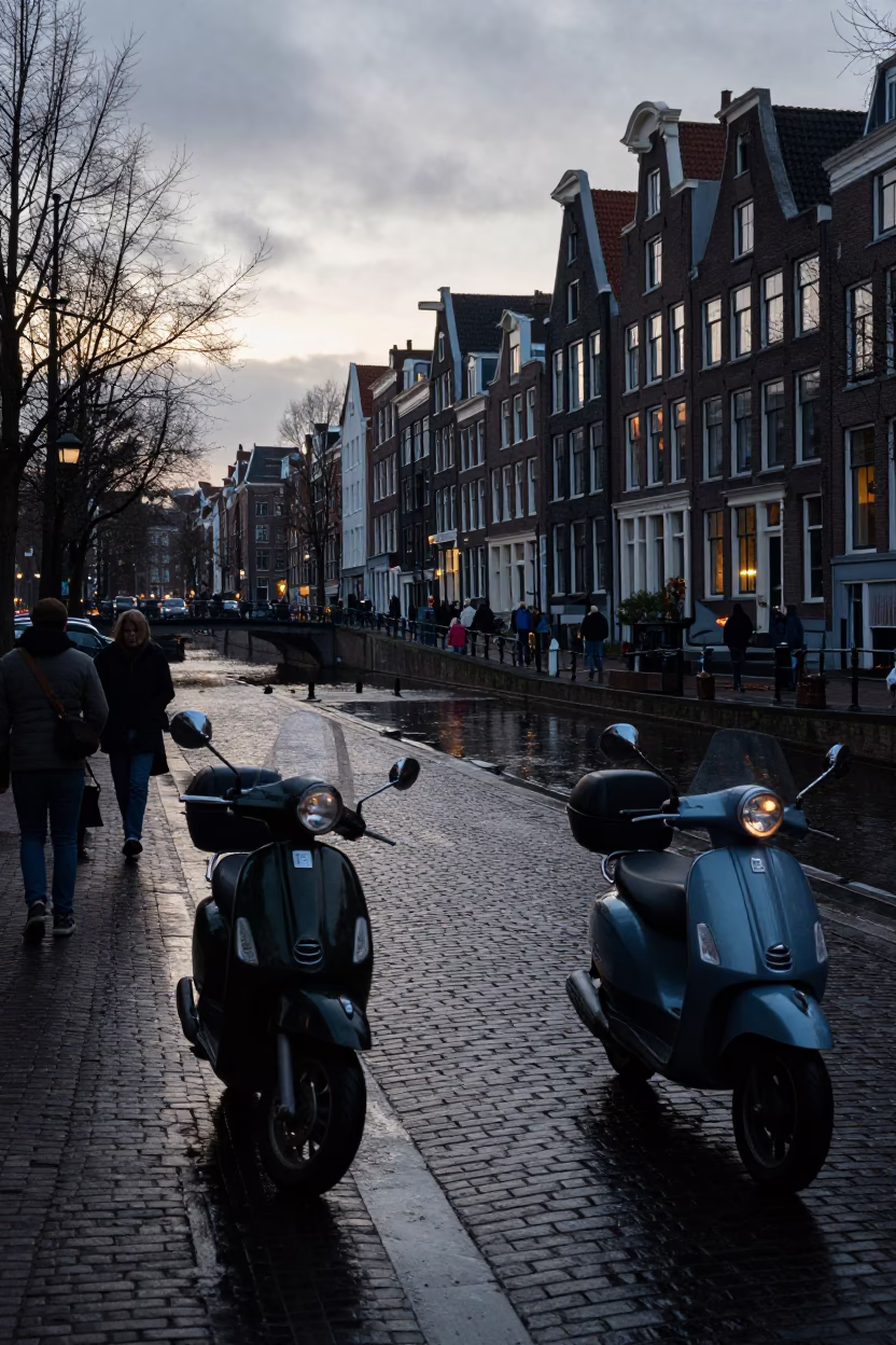 Busy Amsterdam Canal Street Before Sunrise with Scooter and Classic Architecture in in Amsterdam, Netherlands
