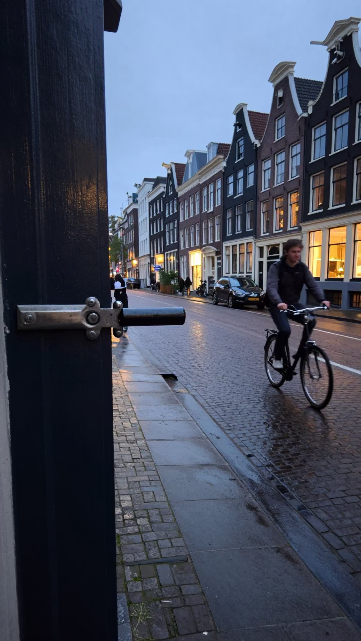 Busy Amsterdam Canal Street Early Evening with Door Latch and Brushed Steel Details in in Amsterdam, Netherlands