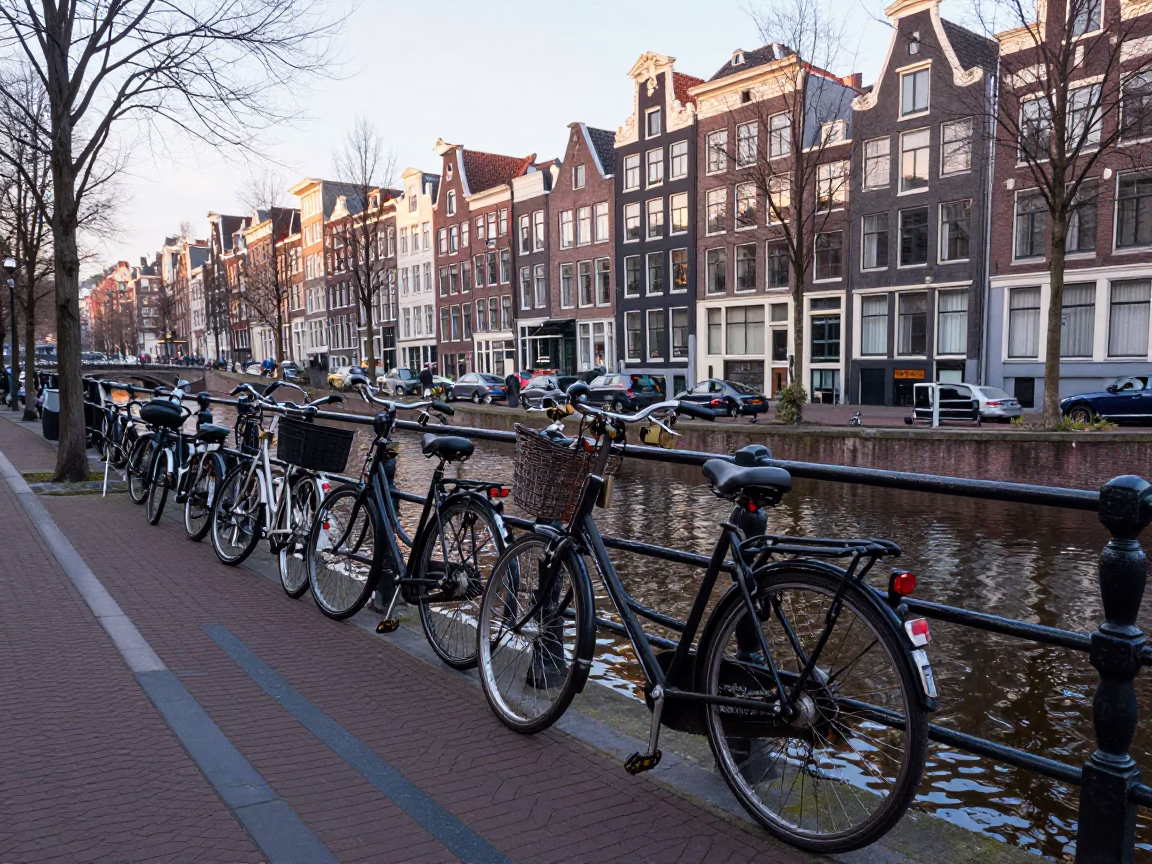 Busy Amsterdam Canal Street Early Morning Scene with Vintage Bicycles and Cobblestone Pathway in in Amsterdam, Netherlands