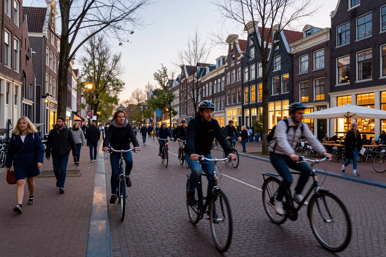 Busy Amsterdam Canal Street Evening with Cyclists and Traditional Brick Architecture in in Amsterdam, Netherlands