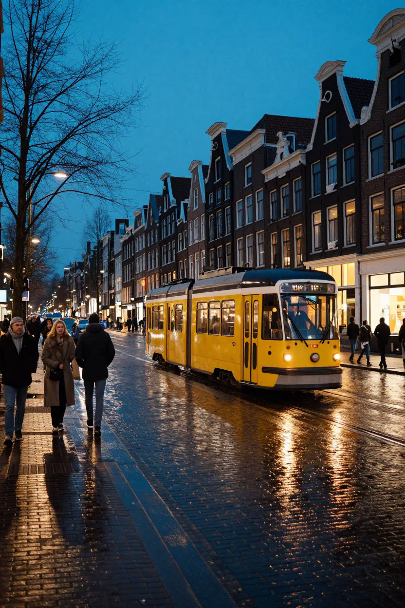 Busy Amsterdam Canal Street Evening with Heritage Tram and Street Food Vendors in in Amsterdam, Netherlands