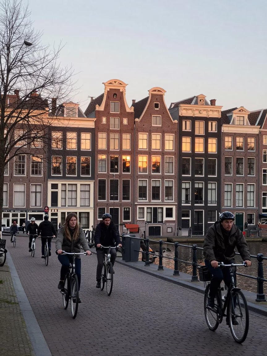 Busy Amsterdam Canal Street Just After Sunrise with Cyclists and Traditional Architecture in in Amsterdam, Netherlands