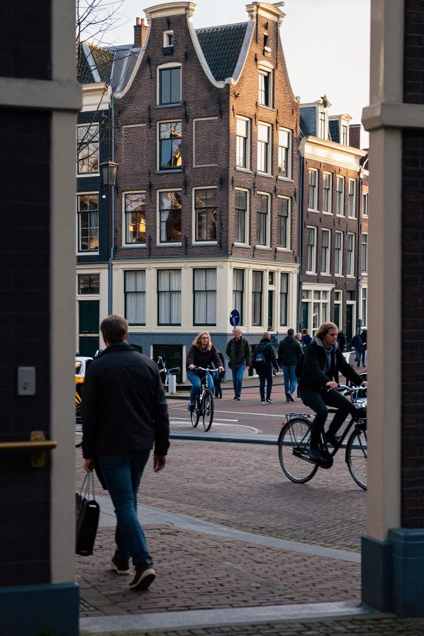 Busy Amsterdam Canal Street Late Morning with Doorframe and Bicycle Traffic in in Amsterdam, Netherlands