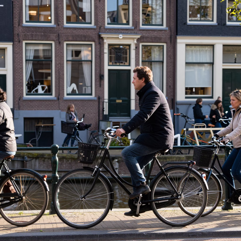 Busy Amsterdam Canal Street Late Morning with Vintage Bicycle and Cooler Jug in in Amsterdam, Netherlands