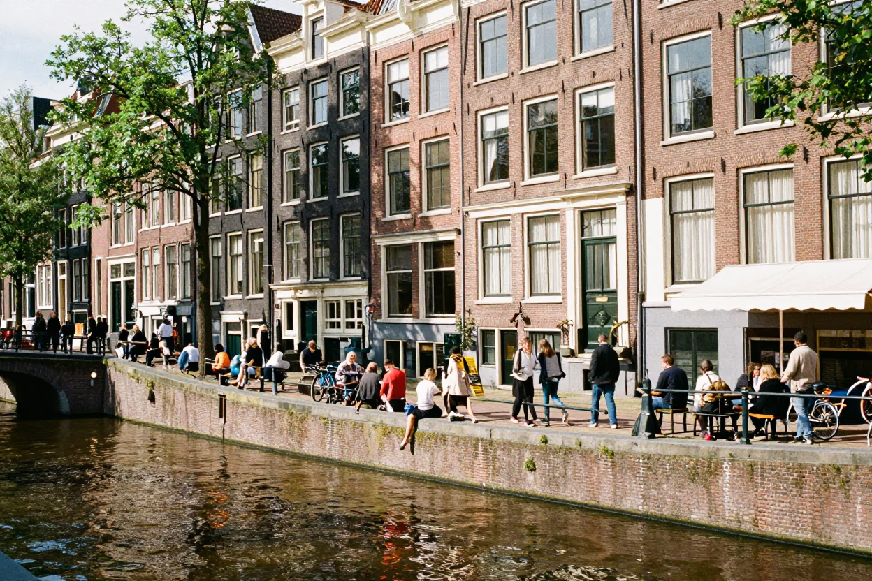 Busy Amsterdam Canal Street Midday Scene with Brick Architecture and Local Activity in in Amsterdam, Netherlands
